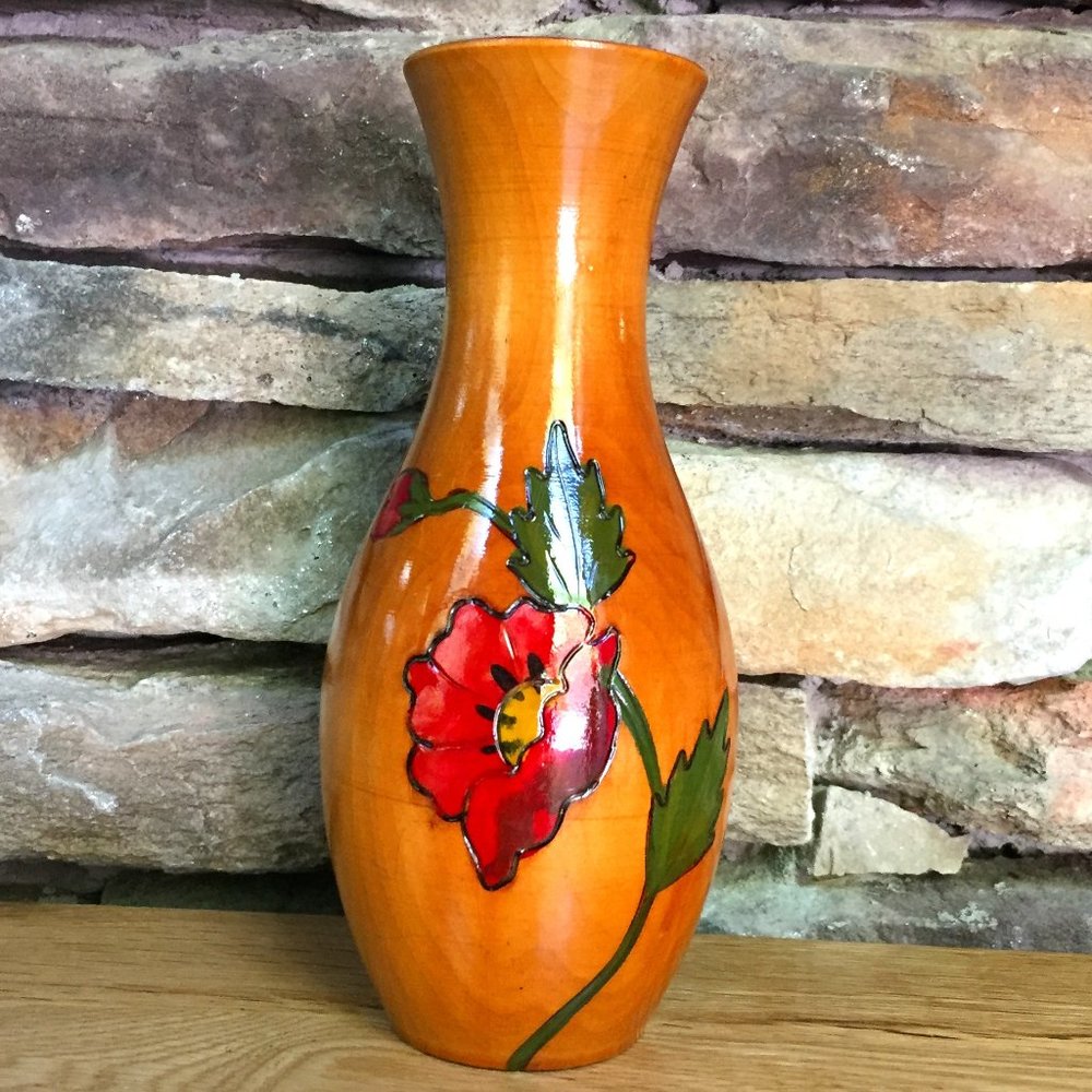 VTG Wood Vase Carved Hand-painted Floral Romania